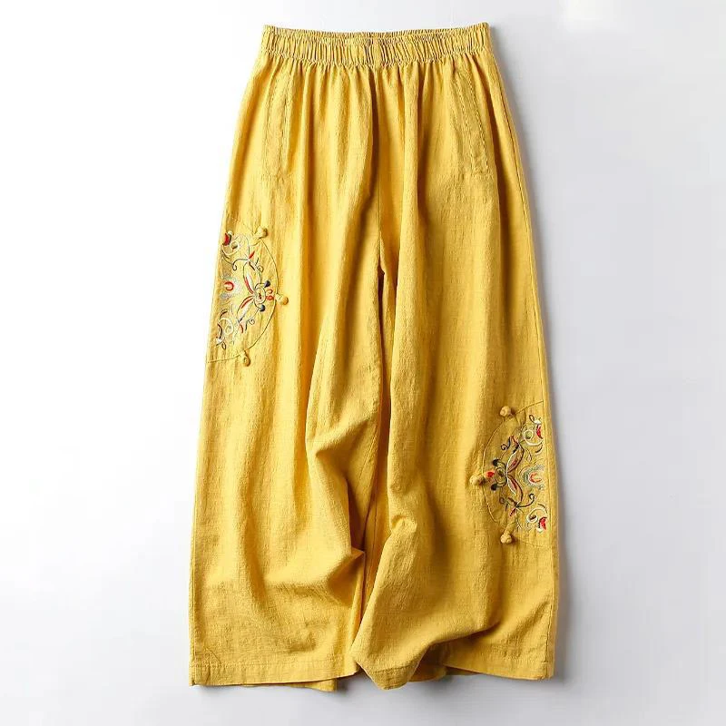 Ankel Length Pants Women Cotton Linen Style Casual Women's Wide Leg Summer Fashion Retro Embroidery Trousers Zen Tea Tang Suit
