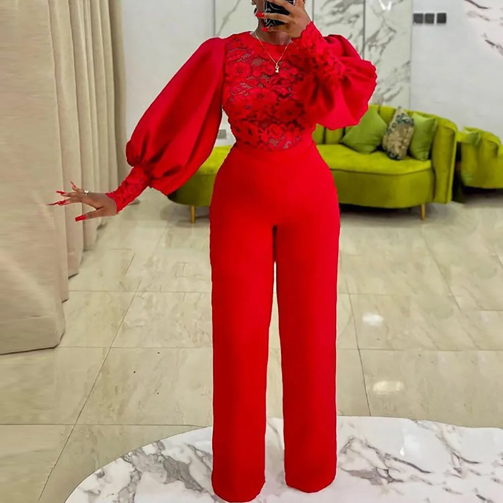 retfærdig bænk anker Women Red Elegant Jumpsuits Floral Lace Long Sleeve Wide Leg Pants Fashion  Party Female Clothes Fall Office Wear Large Size 2021 - Jumpsuits -  AliExpress