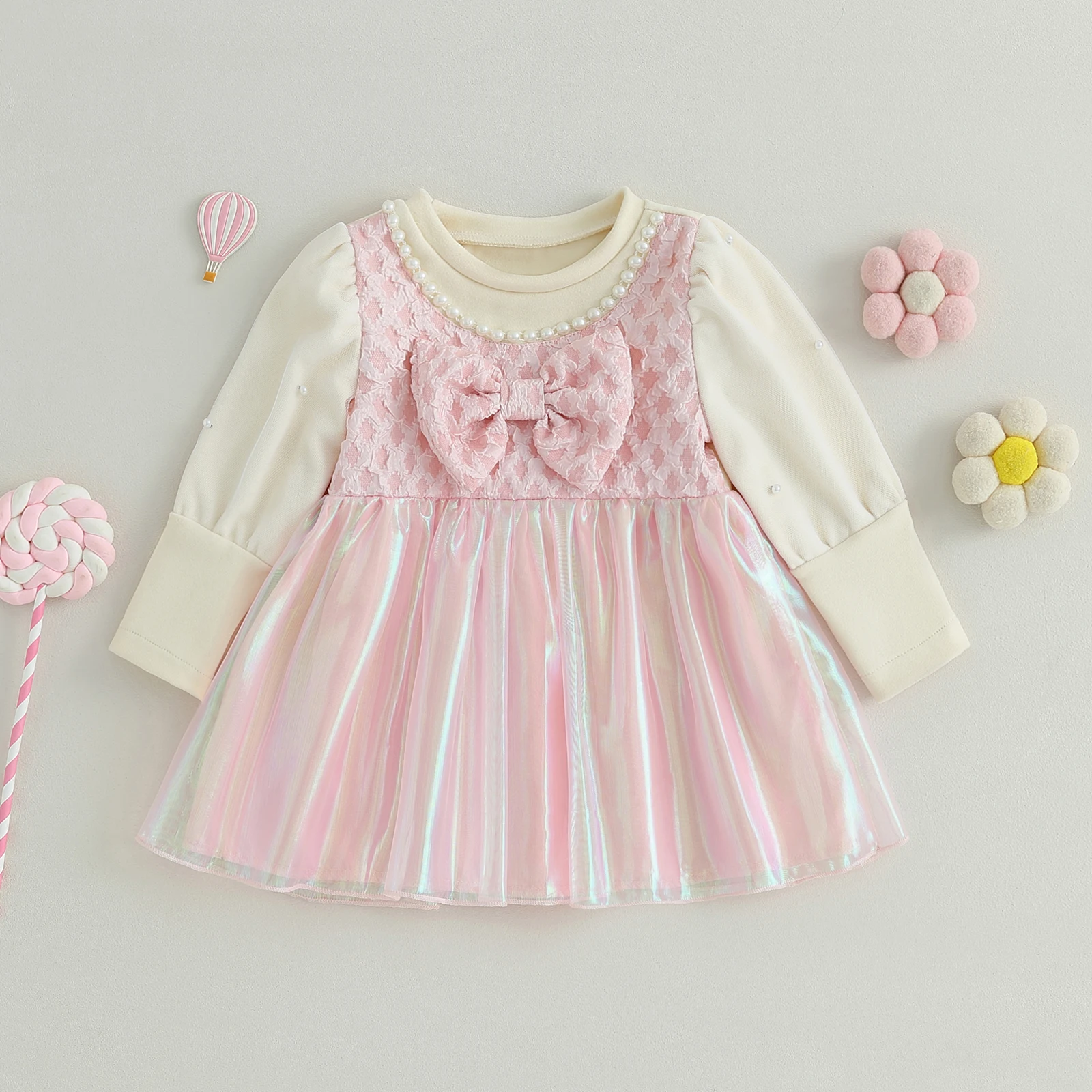 

BeQeuewll Baby Girl Dress Crew Neck Pearls Bow Patchwork Colored Gauze A-line Dress for Daily Party Elegant Princess Dress