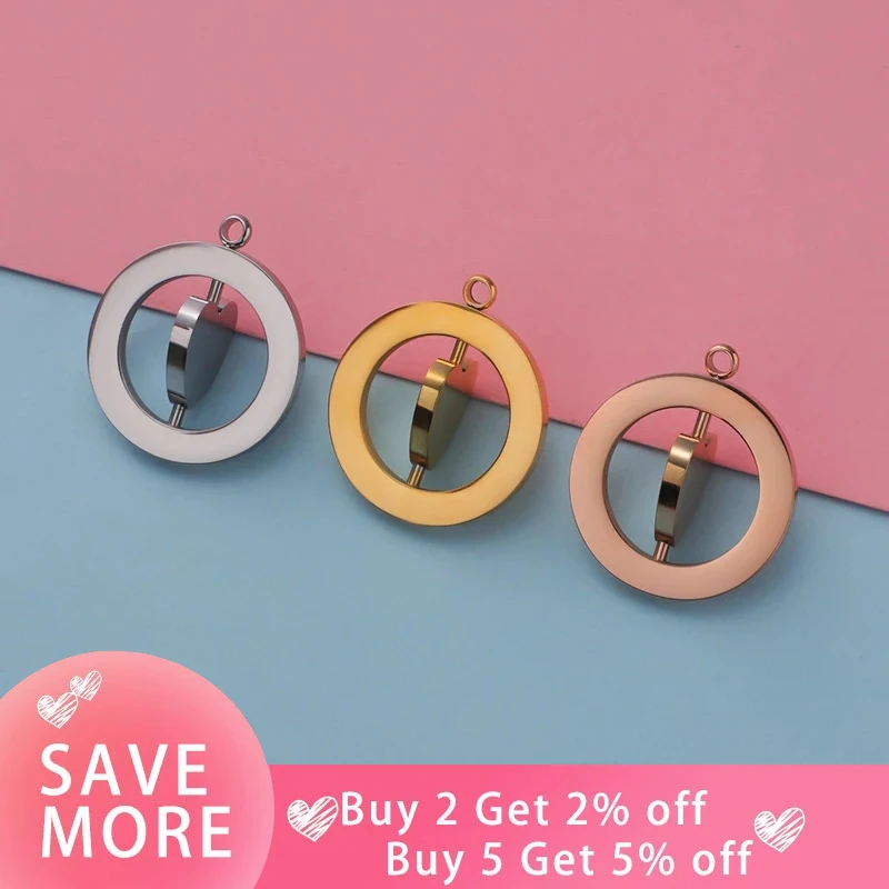 Fnixtar 5pcs Round Square Heart Pendant Rotatable Stainless Steel Mirror Polish Hollow Pendants Charm DIY Necklace Gift