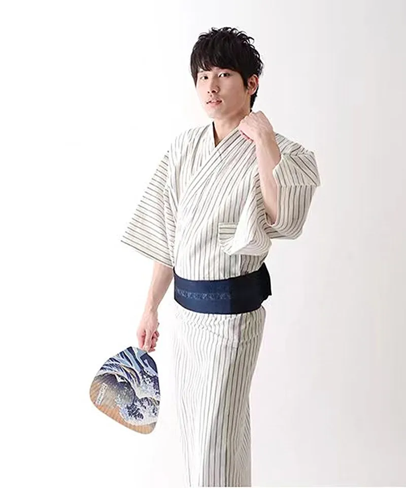 Men's Samurai Kimono Set-Japanese Yukata with Obi Belt, Cotton-Linen Costume for Cosplay Photography