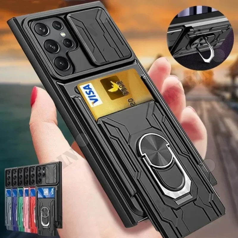 

Case For Samsung S24 S23 S22 Ultra Plus S21 FE A55 A25 A15 A54 A14 Slide Stand Ring Camera Military Grade Card Slot Cover
