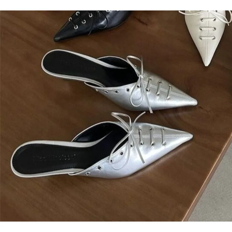 Fashion Lace Up Pumps Slides Women Medium Heels Mules Shoes New 2024 Female Pointed Toe Footwear 4cm Heels Ladies Shallow Shoes
