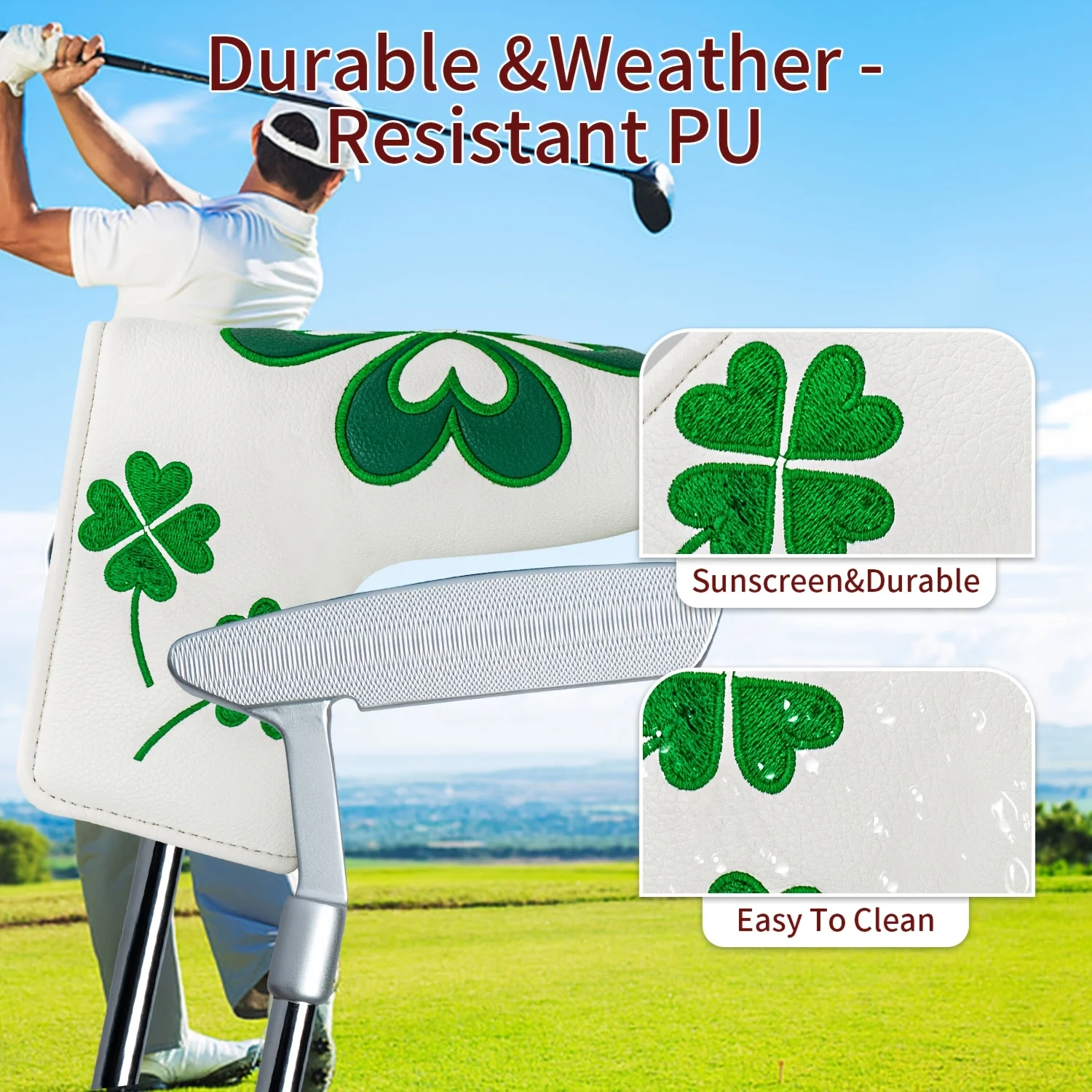 Lucky Clover Blade Putter Head Cover - Four-Leaf Clover Design with Heart Accents and Soft Lining Protection