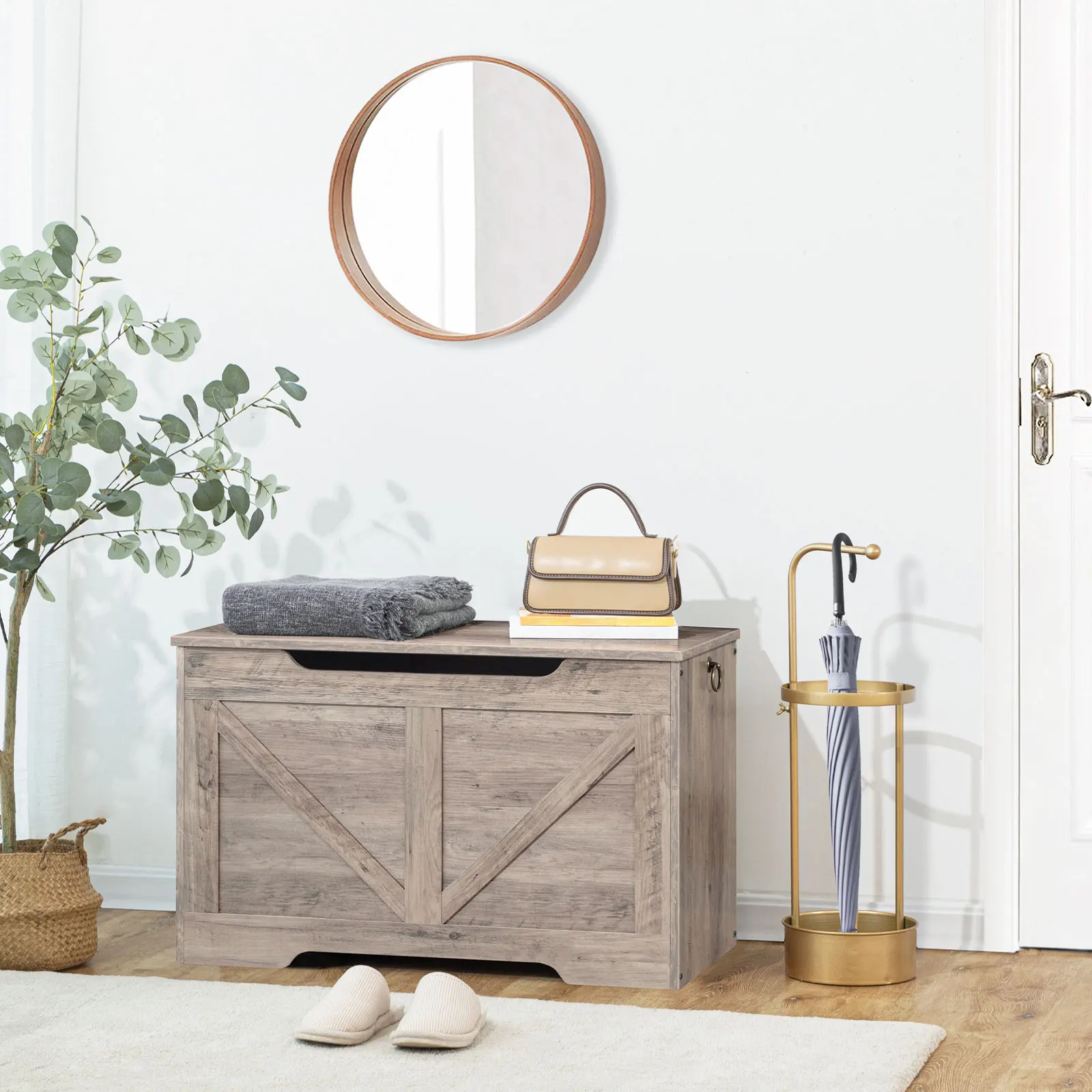 Storage Bench, 29.5&rdquo; Retro Wooden Storage Chest with U-Shaped Cut-Out Pull, Safety Hinge, Easy Assembly for Toy Box Organizer