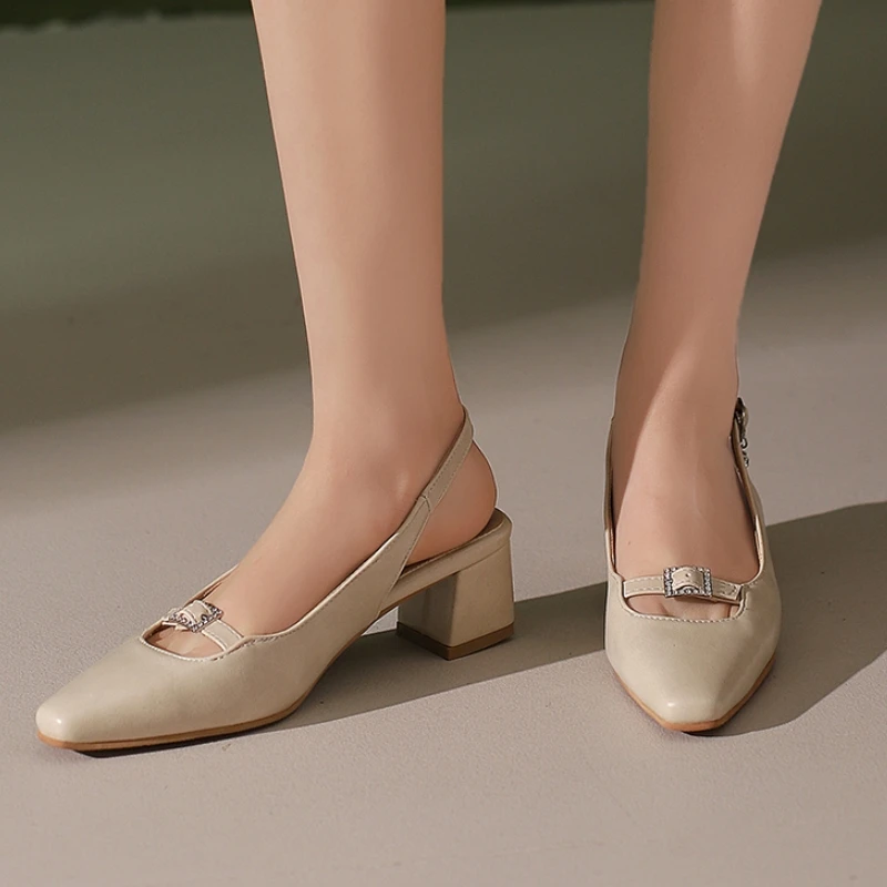 Slingback Medium Heels Pumps Shoes Woman Elegant Close Toe Black Blue Red Nude Heeled Office Wedding Shoes Ladies Sandals