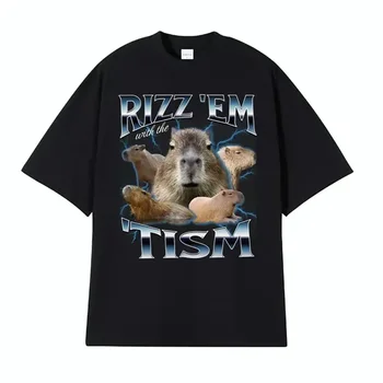 Rizz Em with The Tism Retro T Shirt Funny Cute Kawaii Capybara Meme T-shirt Women Casual Fashion Humor Short Sleeve Graphic Y2K 1