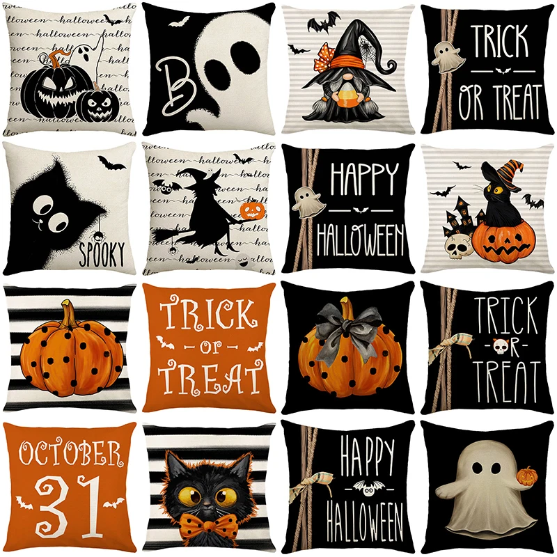 Halloween Decor Pillow Case 45x45 Pillow Cover Funny Pumpkin Ghosts Black Cat Print Cushion Cover Home Decorations Holiday Gifts