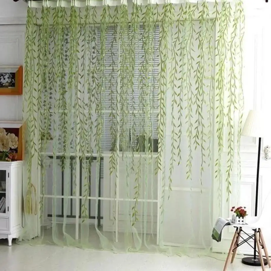 1 Pcs Cute Willow Leaf Curtains Pastoral Style Willow Floral Window Decorative Curtains For Bedroom Living Room Window Curtain