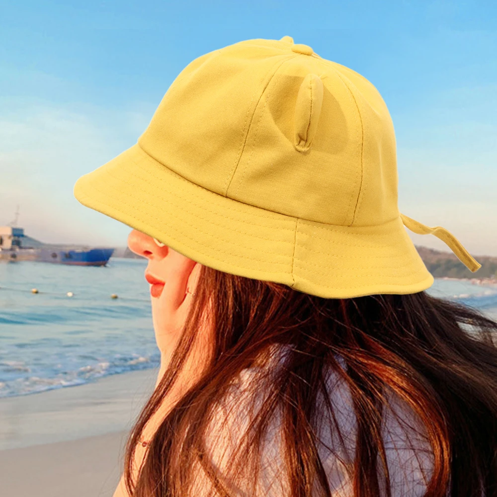 Women Cute Solid Color Cotton Bucket Hat Cute Cartoon Cat Ear Beach Hat Fisherman Sun Cap Kids Outdoor Travel