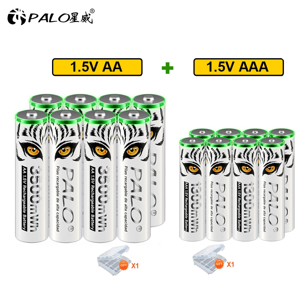 

PALO 1.5V AA + AAA Li-ion Rechargeable Battery AA 3500mWh AAA 1300mWh Long-Lasting Lithium 2A Batteries with Tiger's Eye Design