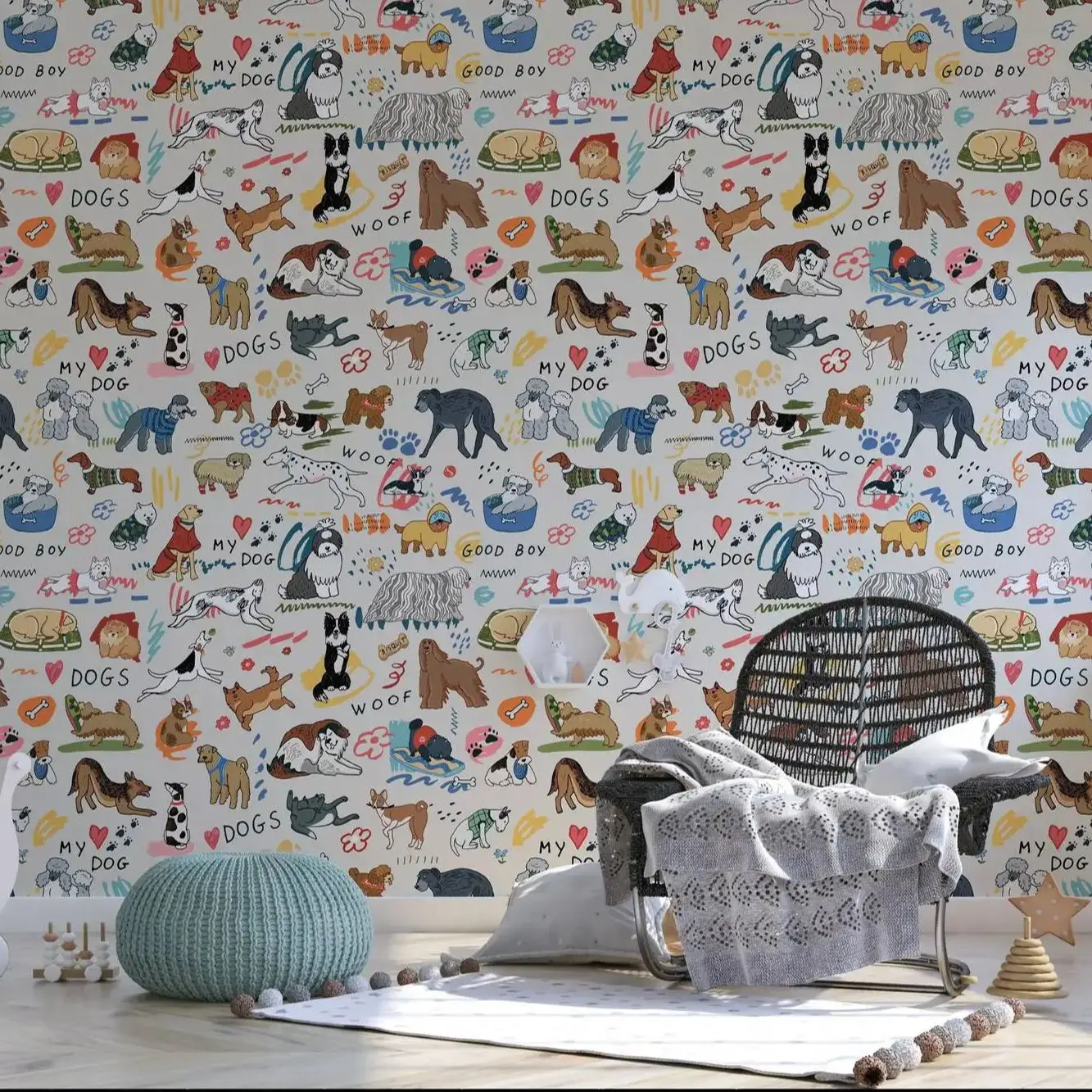 Papel de parede de patas e cães, descascar e colar, animal fofo para quarto  de crianças, mural de cães infantis, papel de parede de família doggyland  de desenho animado fofo - AliExpress, image size:1333x1333