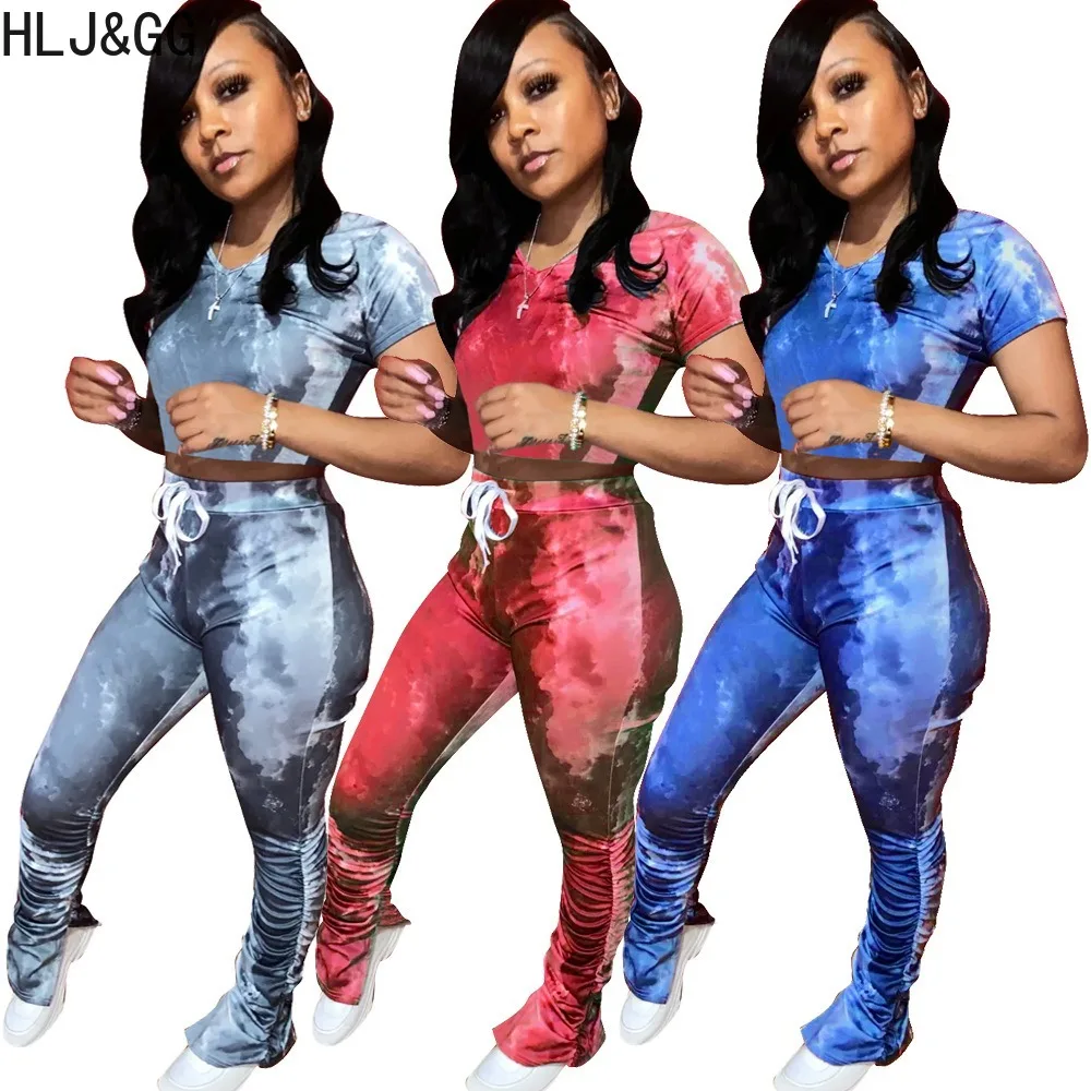 HLJ&GG Fashion Tie Dye Printing Stacked Pants Two Piece Sets Women Round Neck Short Sleeve Crop Top And Skinny Pants Outfit 2024