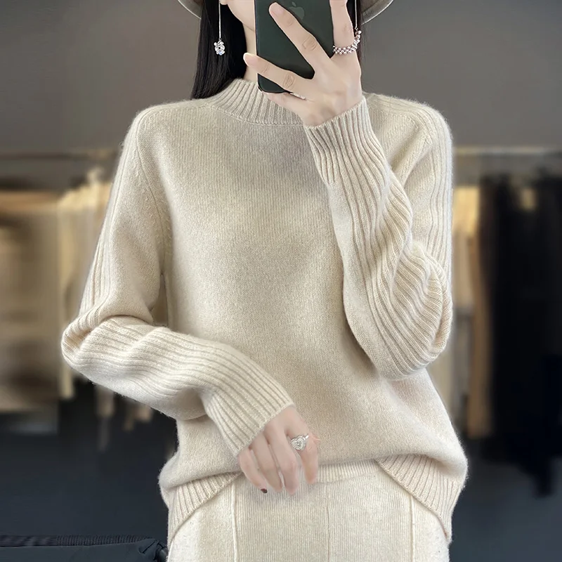 

100% Wool Cashmere Sweater Women's Casual Knitting Half Height Pullover 2023 Autumn/Winter New Loose Fashion Soft Women's Top