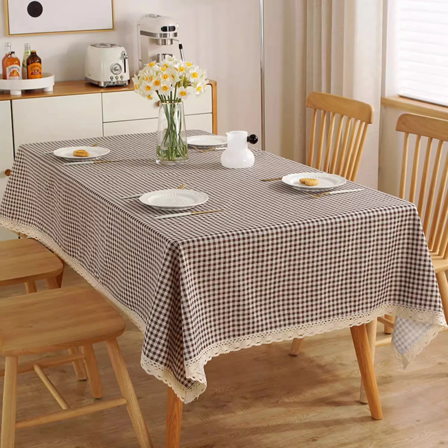 Nordic Minimalist Style Coffee Grid Tablecloth with Off-White Trim Rectangular Dining Table Cover 4