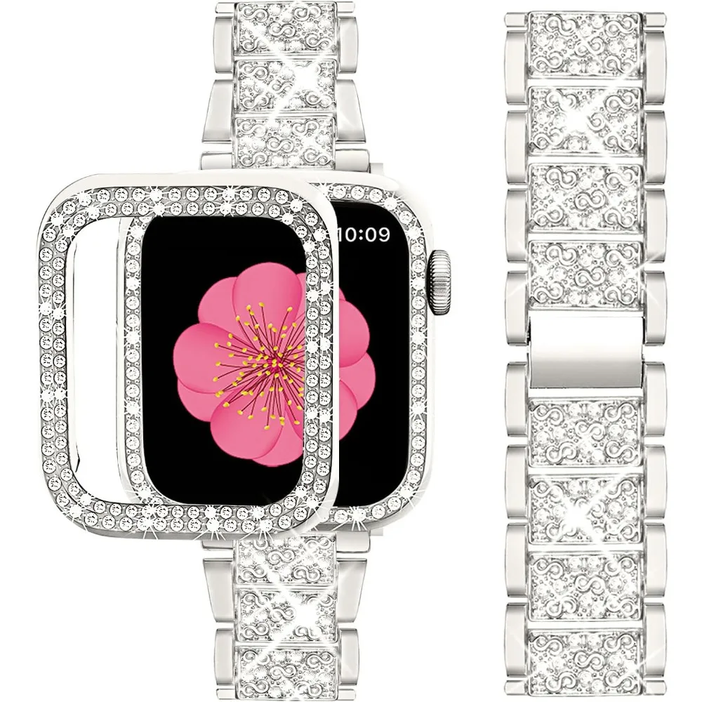 Correa ostentosa + funda para Apple Watch Band 40mm 44mm 41mm 45mm 42mm 46mm joyería de mujer pulsera de Metal de diamante iWatch SE