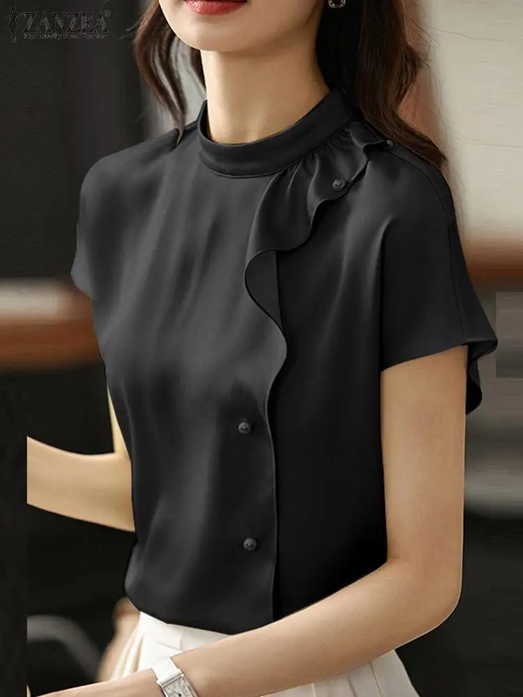 

2023 Summer Solid Color Tops ZANZEA Women Short Sleeve Blouse Elegant Ruffled Stitching Stand Collar Tunics Casual Loose Shirt