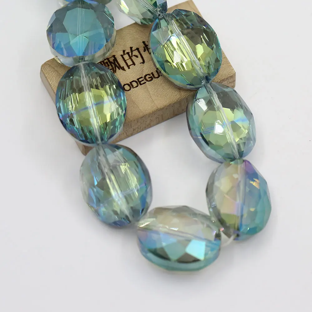 25mm Natural Blue Green Crystal Glass Faceted Oval Nugget Loose Beads 12