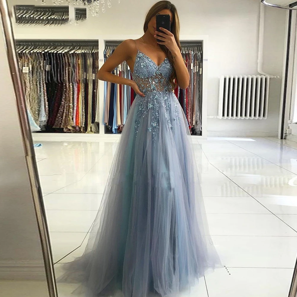 

A Line Blue Evening Dresses Long Lace Beading Spaghetti Strap Prom Gowns Floor-Length Custom Tulle Party Dress Vestido De Fiesta
