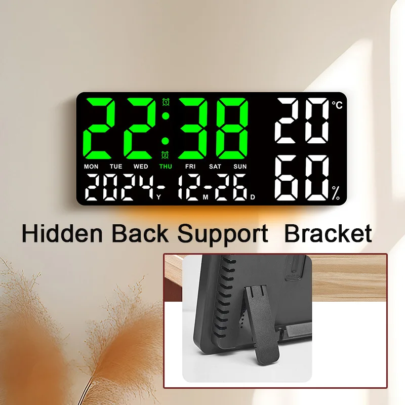 Digital Wall Clock Mood Lighting Temperature Humidity Timing Countdown 2 Alarm Auto Dimmer Plug in Use LED Alarm Clock Remote 3