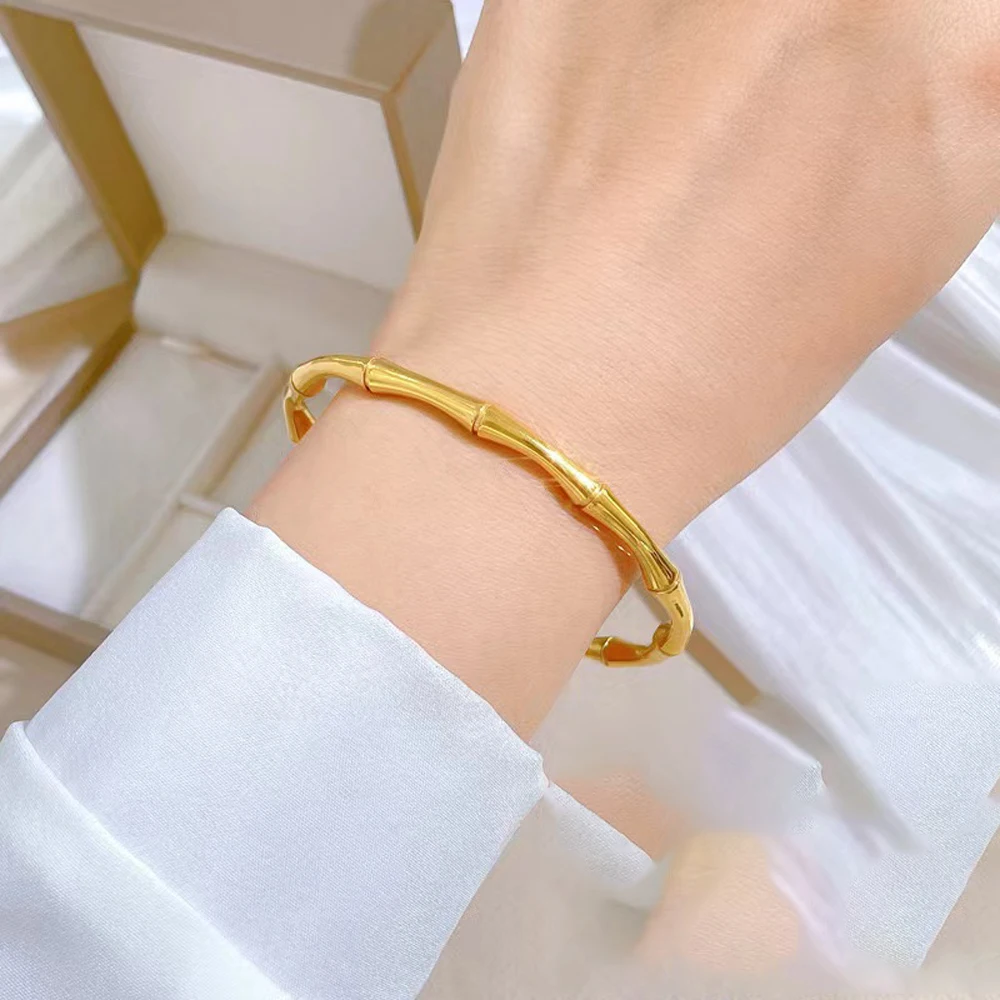 Wholesale Simple Oval Bamboo Cuff Bangle for Women Waterproof Gold Plated Stainless Steel Bracelet Non Tarnish Jewelry Gift 3