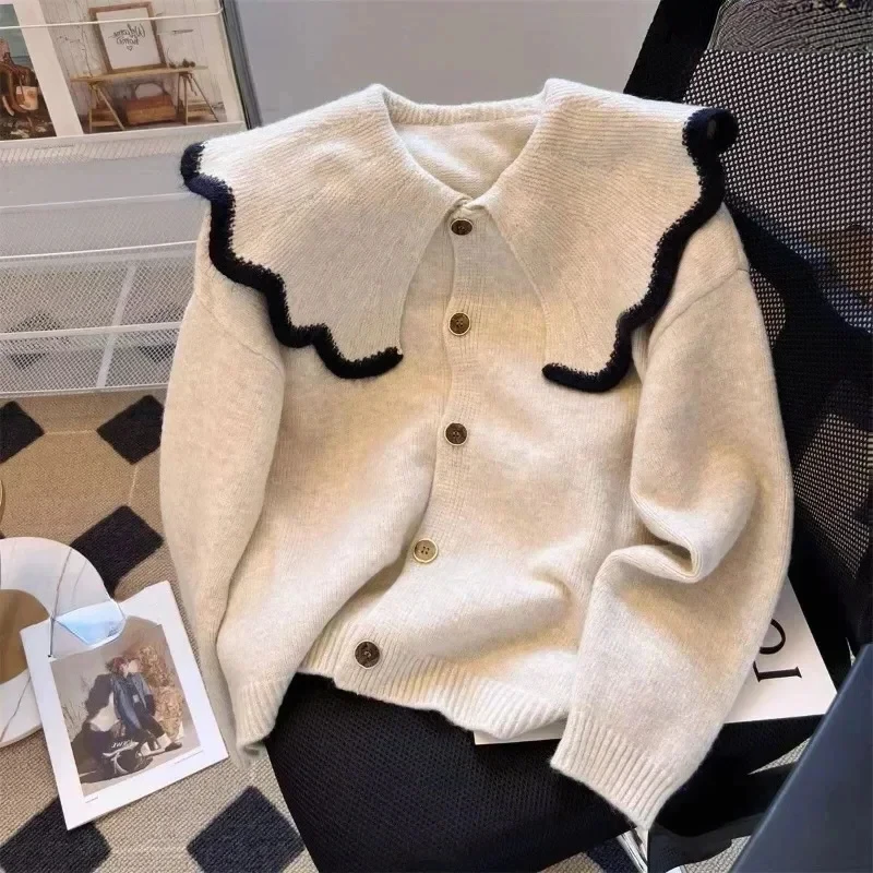 

Casual Women Cardigan 2023 Autumn Winter Clothes Peter Pan Collar Knitted Sweater Coat Knitwear Solid Ladies Tops