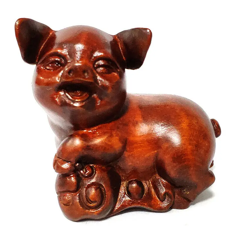 Cq166 - 2" Hand Carved Boxwood Netsuke Figurine Carving: Lovely Pig