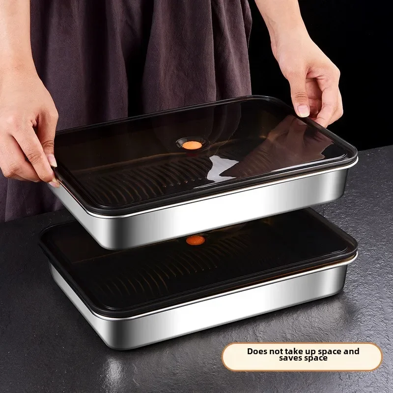 304 Stainless Steel dumplings Box With Plastic Lid & breathable holes Reusable seal Tray Food Storage Boxes fresh box crisper