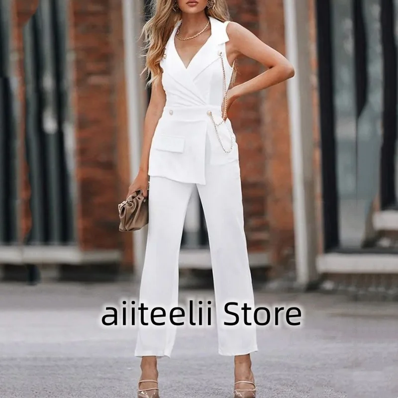 Women's Suit Two-piece Suit Fashion Lapel Solid Color Sleeveless Vest Top Handsome Double-breasted Sexy V Slim Fit for Casual