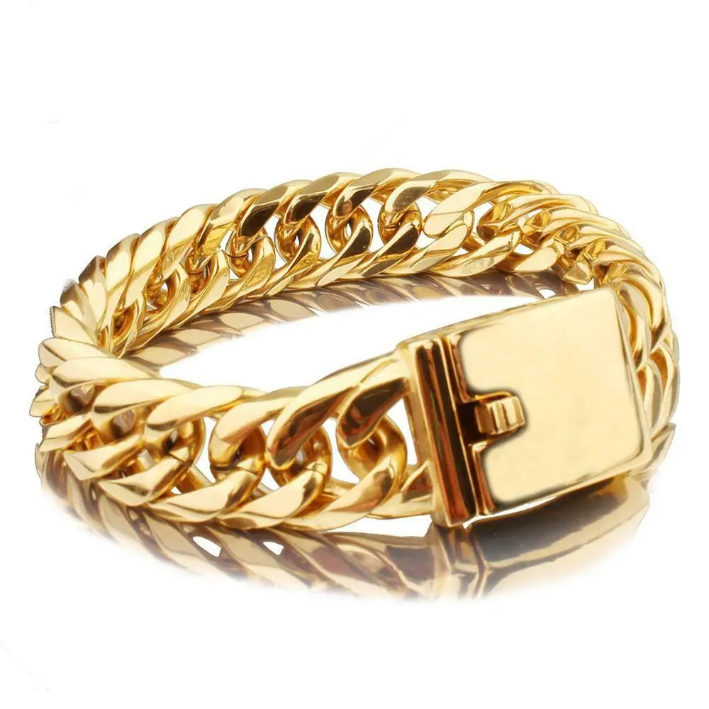 Granny Chic Gold Color 316L Stainless Steel Cuban Link Chain Necklace Heavy Cool Men's Chain Hip Hop Jewelry Gift 16mm 7-40inch