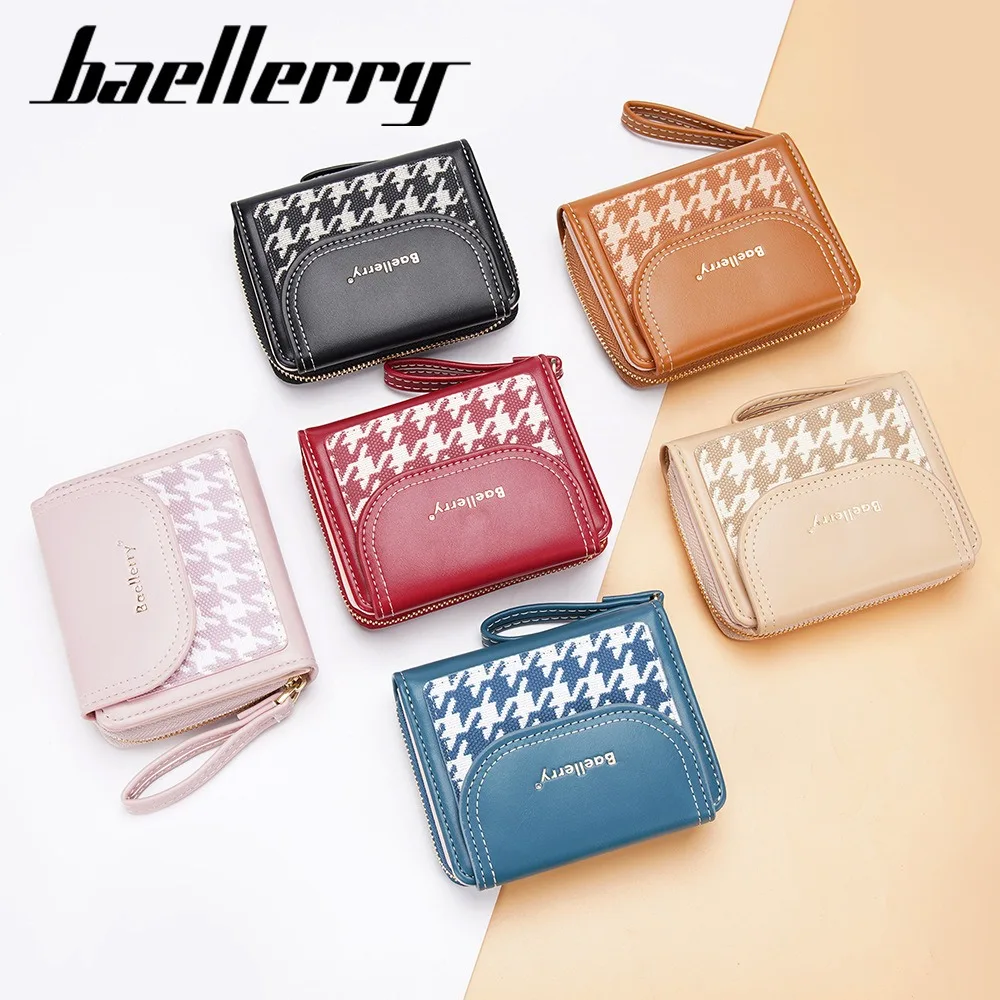 Baellerry Women's Short Wallet Coin Purse Checkered Pattern Pu Leather Slim Zip Pocket with Card Slots RFID Blocking Gift Idea