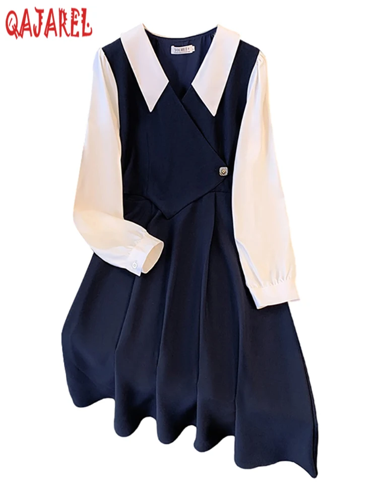 

Female Fashion Patchwork Fake Two Piece Midi Dress 2024 Korean Bodycon Office Lady Dress Autumn Winter Elegant Casual Home Dress