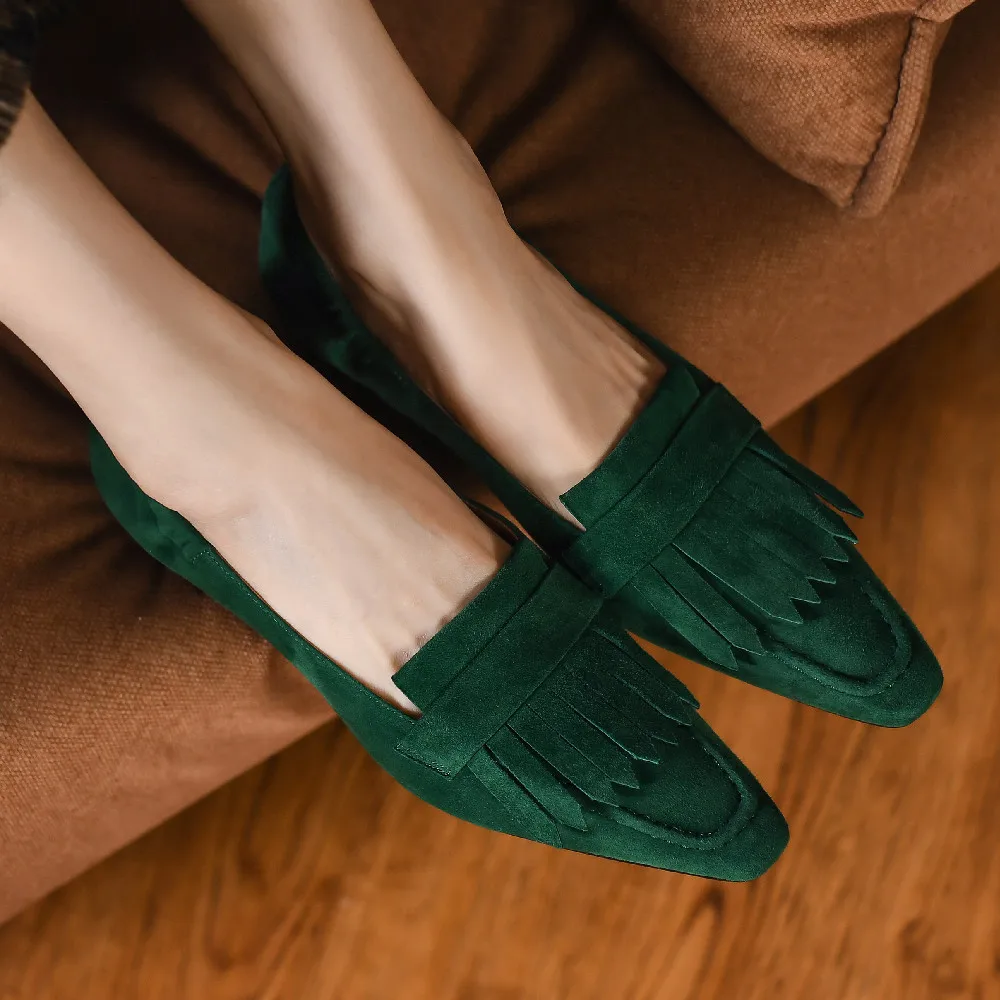 

Women's natural suede leather 4.5cm thin high heel pointed square toe slip-on pumps fringe elegant ladies heeled women shoes hot
