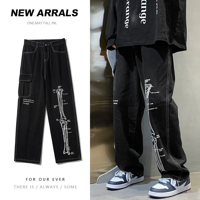 

2022 Men's Fashion Printed Baggy Homme Casual Pants Classic Cargo Pocket Jeans Blue/black Color Biker Denim Trousers M-2XL