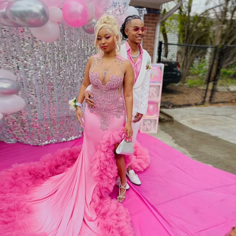 

Роскошное вечернее платье-Русалка с кристаллами из бисера красивое РОЗОВОЕ Тюлевое Сетчатое платье для женщин в африканском стиле платье для выпускного вечера с Боковым Разрезом Длинные свадебные платья