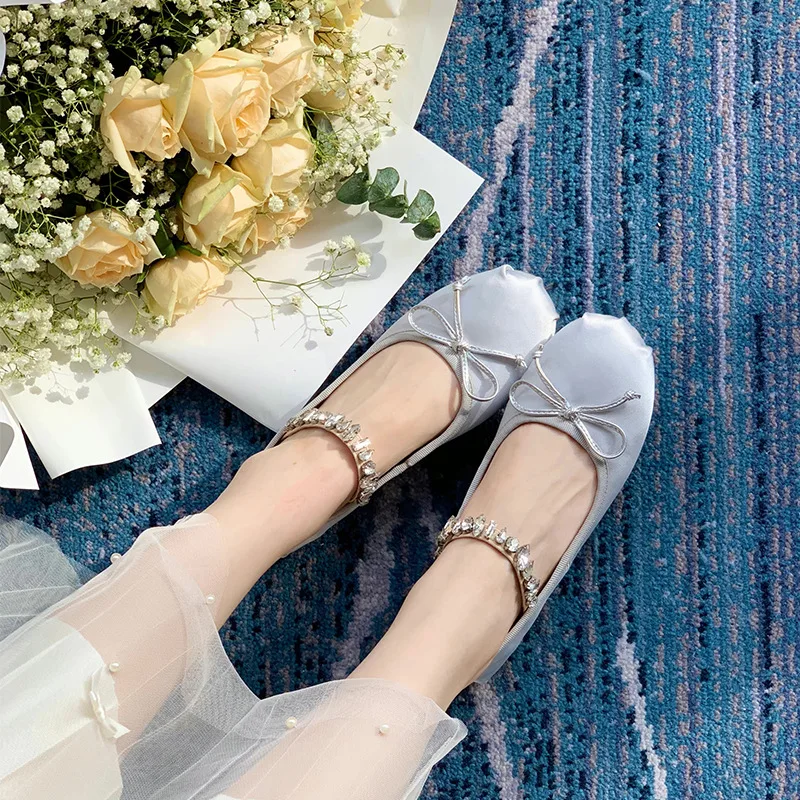 Rhinestones Mary Janes Shoes for Women Ballet Flats Shiny Elegant Designer Shoes Ladies Satin Slip on Loafers Shoes New in 2023 2