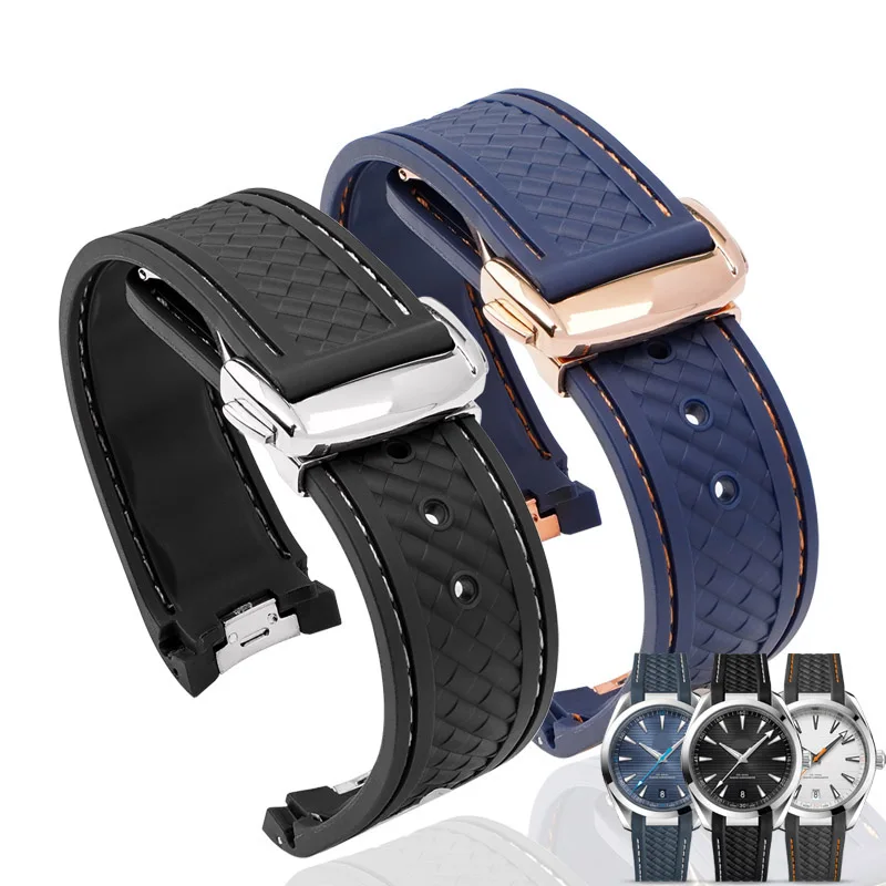 

Rubber Strap for Omega Seamaster 150 Curved End Stainless Steel Folding Buckle Men Quality Replace Watch Band 20mm