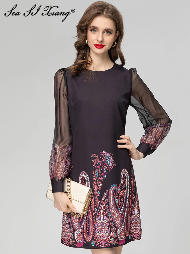 

Seasixiang Fashion Designer Spring Loose Dress Women O-Neck Lantern Sleeve Vintage Print Mini Dresses