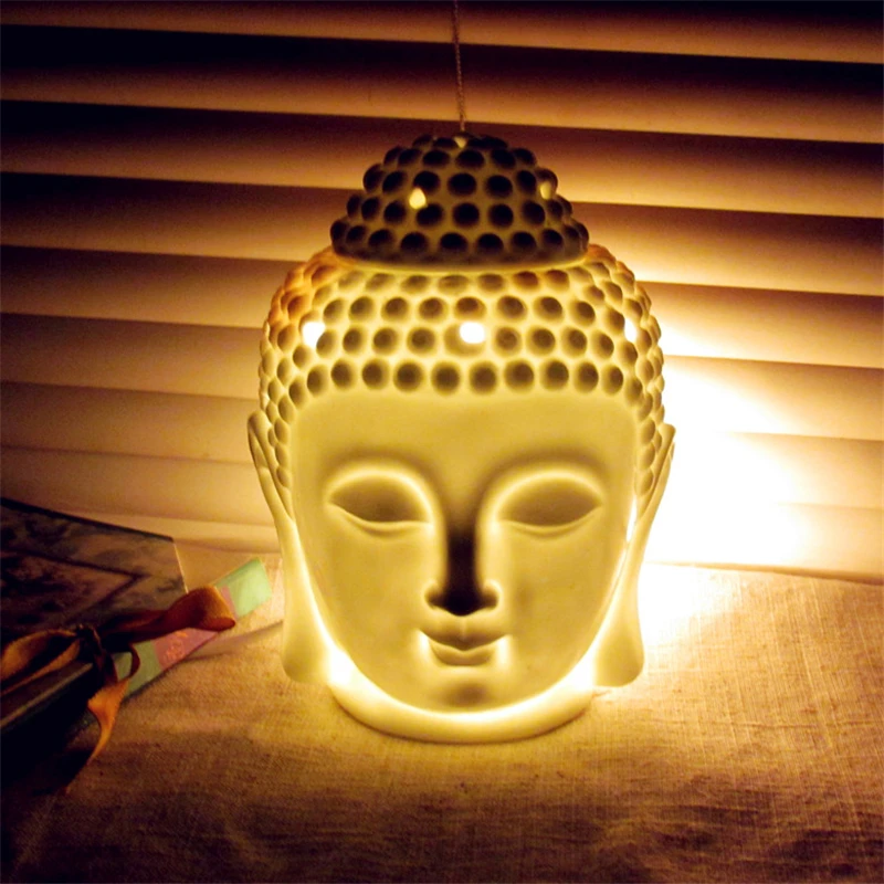 

Ceramic Black White Buddha Head Aromatherapy Oil Burner Aroma Essential Oil Diffuser Tibetan Incense Burner Tealight Holders