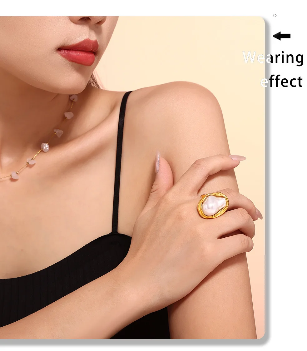Eleganter Weißer Imitationsperlen Offener Ring Damen Edelstahl PVD Goldplattiert Personalisierter Fingerring Luxus-Schmuck – Detail 4
