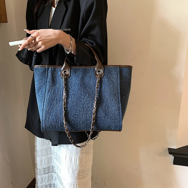 Chanel Navy Blue Denim Large Deauville Shopping Tote at 1stDibs