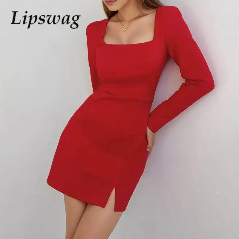 

Elegant Temperament A-Word Suit Dress Fashion Solid Color Square Neck Mini Dress Spring Summer Commuter Long Sleeve Party Dress