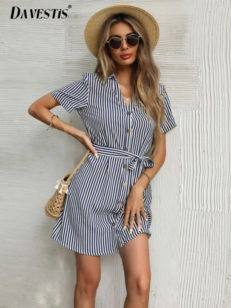 

Casual Striped Shirt Dress Women 2023 Summer Loose Breathable Casual Dresses for Women Fashion High Waist Shirt Dress