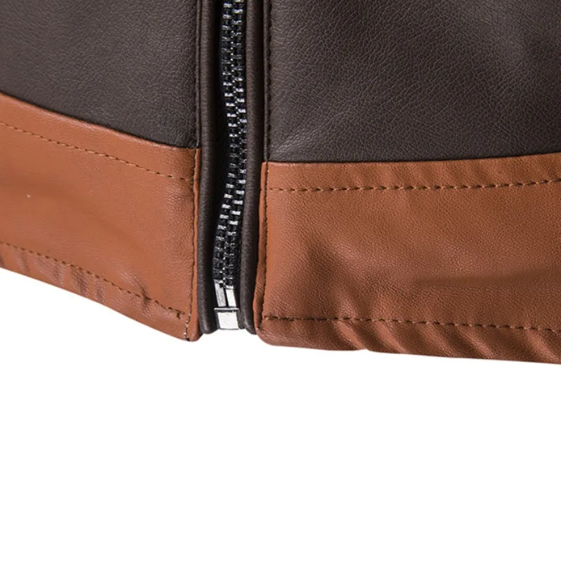 2023 New Men Leather Clothing with Stand Collar Men Slim Large Size Stitching Biker Leather Jacket Casual Versatile Outerwear