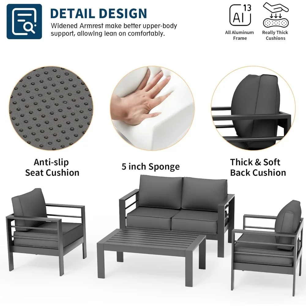 Patio Furniture Set Oversized Aluminum Outdoor Furniture Modern Patio Set, Thickness 5" Cushion Outdoor Seating Set for Balcony 2