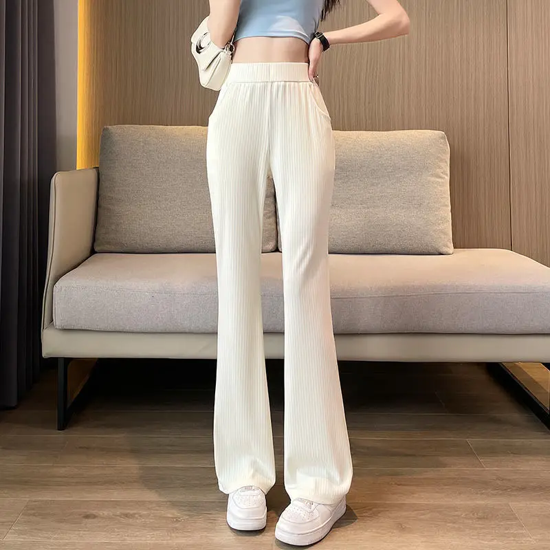 Spring and Autumn Women's Solid Colors High Waist Elastic Ice Shreds Fashion Flare Pants Casual All-match Korean Trousers summer women button elastic high waist quick drying ice shreds trousers casual drape loose nine points harem pantalones de mujer