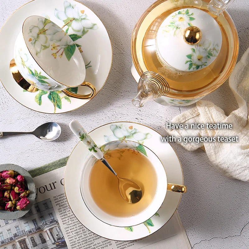 Camellia Bone China Tea Set British Ceramic Tea Cup Pot with Candler Strainer Floral Glass Teapot Set Ceremony Teaware Teacup