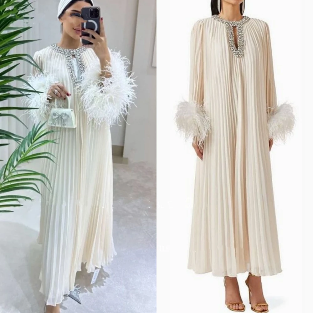 Prom Dress Saudi Arabia Satin Beading Feather Wedding Party A-line O-Neck Bespoke Occasion Dress Anke Length