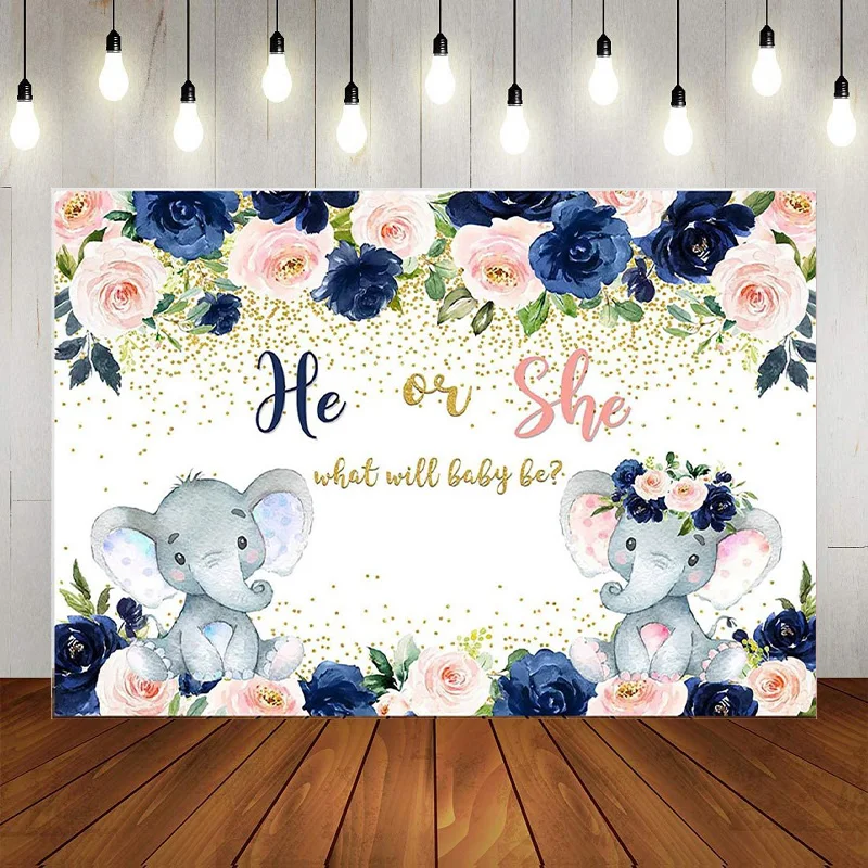Lui O Lei Gender Reveal Navy Blue Blush Elephant Background Pink Floral Photography Background Boy O Girl Party Banner Decoration