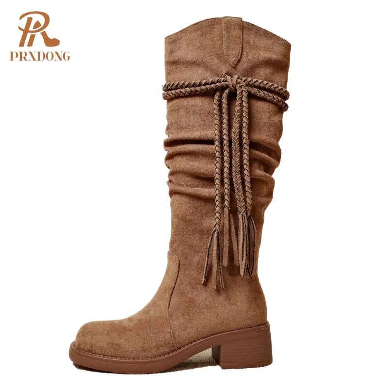 

PRXDONG 2024 New Retro Autumn WInter SHoes Woman Knee High Boots Square Med Heels Black Brown Dress Casual Lady Long Boots 34-39